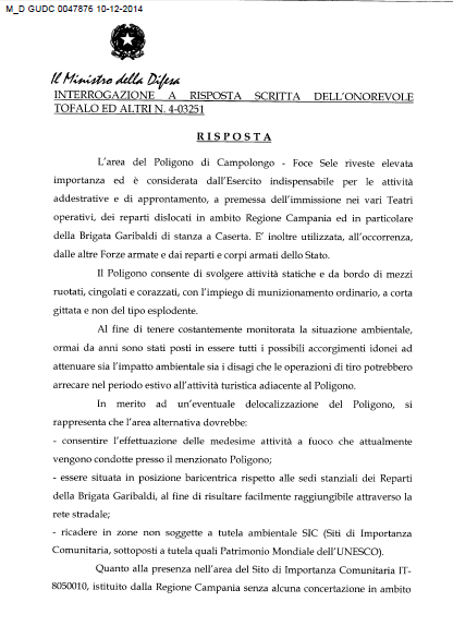 Risposta Interrogazione Ministro Della Difesa