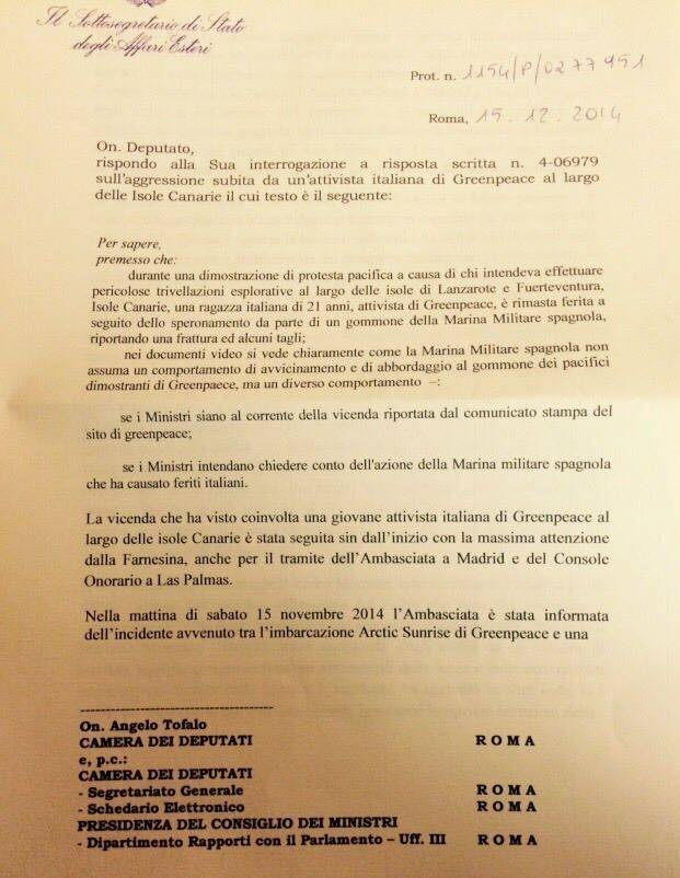 Risposta interrogazione greenpeace