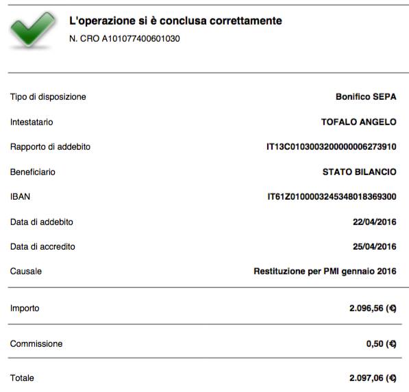 restituzione stipendio bonifico gennaio 2016
