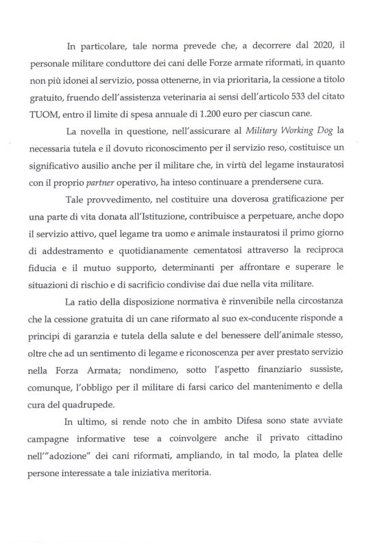 Assistenza veterinaria per i cani militari e adozioni novità dalla Difesa