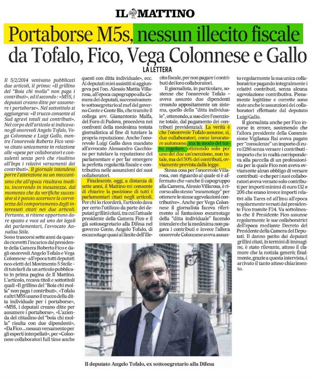 Tofalo, Fico, Gallo e Villarosa Nessun illecito fiscale. Ristabilita la verità